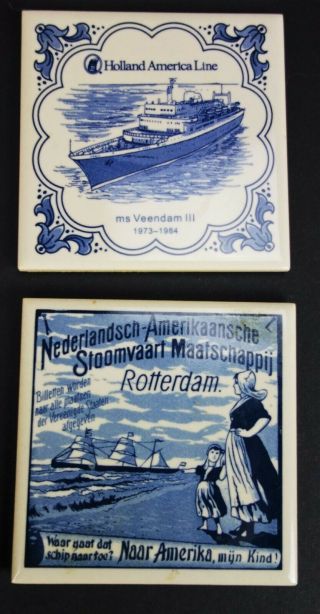 9 Vtg Holland America Line Coasters Delft Blue Ceramic Tile Cork Back Ship 2