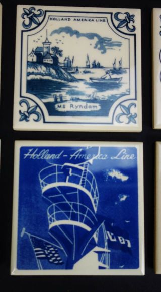 9 Vtg Holland America Line Coasters Delft Blue Ceramic Tile Cork Back Ship 3