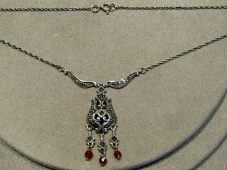 Vintage Victorian Style Sterling Silver Marcasite Red Crystal Necklace 16 "