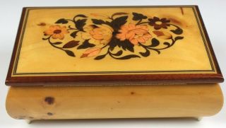 Vintage Italian Inlaid Burl Wood Floral Design Reuge Jewelry Music Box Nr Sms