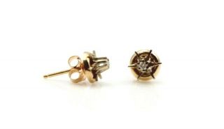 Vintage 14k Yellow Gold And Round Diamond Stud Post & Butterfly Earrings 474b - 4