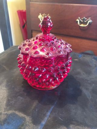 Vintage Fenton Ruby Red Glass Large Hobnail Candy Dish With Lid - Scalloped Rim