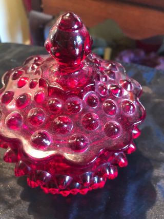 Vintage Fenton Ruby Red Glass Large Hobnail Candy Dish with Lid - Scalloped Rim 3
