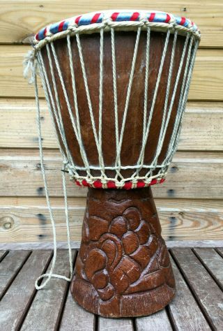 Vintage African Carved Hardwood Skin Rope Bound Bongo Percussion Folk Drum