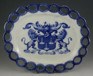 Antique Pottery Pearlware Blue Transfer Riley Drapers Arms Arcaded Dish 1825