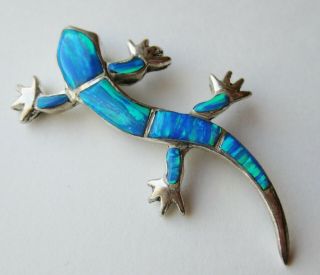 Vintage Sterling Silver Australian Blue Fire Opal Lizard Shaped Necklace Pendant