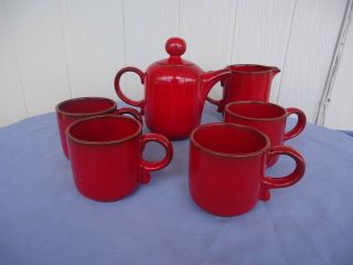 Vintage Retro Waechtersbach West German Pottery Red Tea Coffee Set Mugs Teapot