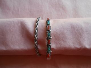 Vintage Native American Turquoise And Coral With Sterling Silver Bracelet Set
