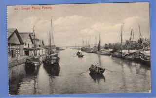 1916 Boats Sungei Pinang Penang Malaysia Local Vintage Postcard