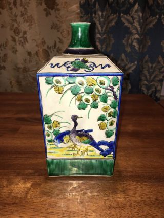 Antique Japanese Ko - Kutani Porcelain Square Vase Meiji / Edo - Era Peacock Scene E