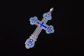 Big Antique Imperial Russian Enamel Sterling Silver 84 Christian Cross Stamped