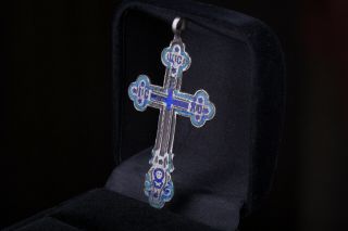 Big Antique Imperial Russian Enamel Sterling Silver 84 Christian Cross Stamped 3