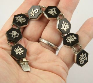 Vintage Art Deco 1930 Sterling Silver Onyx Chinese Characters Hong Kong Bracelet