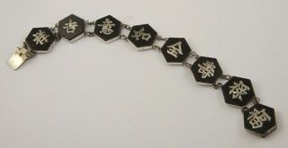 Vintage Art Deco 1930 sterling silver onyx Chinese characters Hong Kong bracelet 2