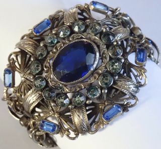 Large Ornate Vintage Art Deco Silver Tone Blue Rhinestone Bracelet