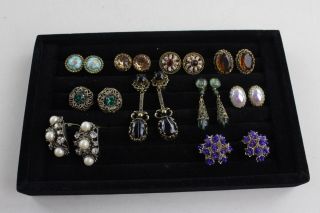 10 X Vintage Czech Clip On Earrings Inc Austrain Crystal,  Enamel,  Filigree,  Drop