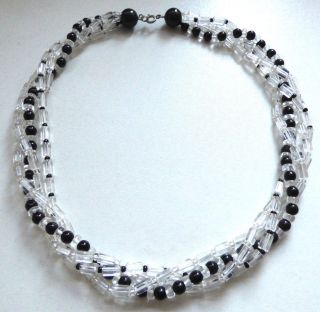 Gorgeous Vintage 1960s Atomic Glass Bead Twist Necklace,  Black And Clear