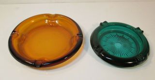 Pair Vintage Ashtrays Amber 7 3/4 " And Emerald Green 6 1/2 " Clear Glass Set