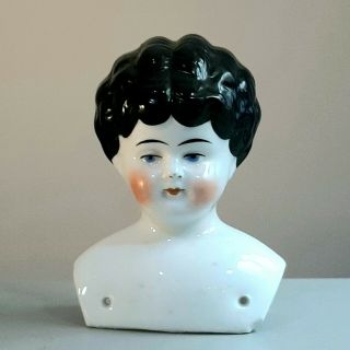 Antique Porcelain German Doll Head Black Hair Hand Painted Face Blue Eyes China