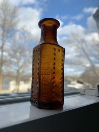 1 Oz Amber Coffin 3 1/4 In Antique Poison Be Careful Toronto No Damage Bottle 2