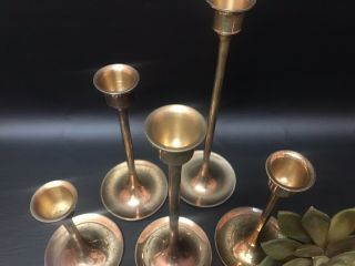 Vintage Brass Candlestick Holders Set of 5 Graduated Mid - Century Scandi Boho 3