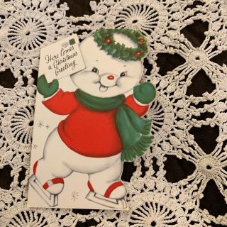 Vintage Greeting Card Christmas Snowman Ice Skating Rust Craft
