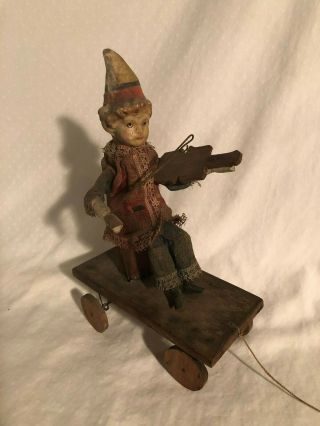 Antique Composition And Wood Pull Toy Violin Player