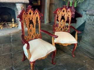 Early Bespaq Miniature Dollhouse Carved Armed Chairs Silk Seat Cherry & Maple
