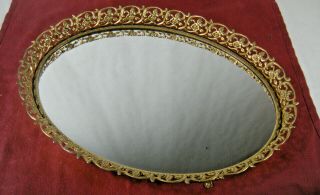 Vintage Vanity Tray Oval Shaped Mirror With Pretty Border Goldtone 14 " Long