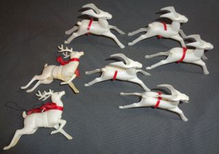 7 Vintage Mid Century Hard Plastic Flying Reindeer Christmas Ornaments Rosbro
