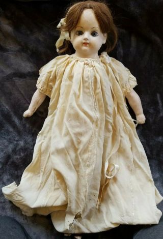 Antique 26 " Wax Over Paper Mache Head Doll With Human Hair & Glass Eyes