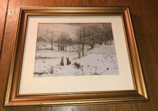 Vintage Print Rabbits Bunnies In Snow Framed & Matted 9.  5 X 11.  5