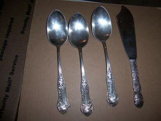 National Silver Co Holly 3 Serving Spoons & Cake Knife C 1904 E.  H.  H.  Smith Mono