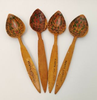 4 Antique Hand Carved Painted Flower Wooden Spoon Konya Hediyesi