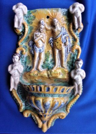 Antique Italian Maiolca Holy Water Font / Stoup - 17 /18th Century -.