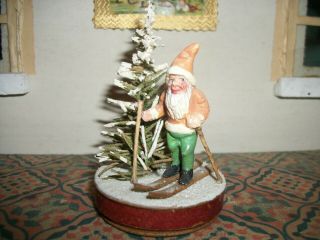Antique German Christmas Santa On Skis Mica Compo Candy Container Cute
