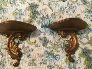 Vintage Pair French Style Wood Syroco Moco Rococo Golden Wall Shelf Sconces