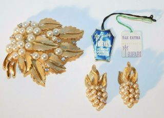 Vtg Crown Trifari Brushed Gold Pearls Rhinestones Leaves Brooch Pin Earrings Set