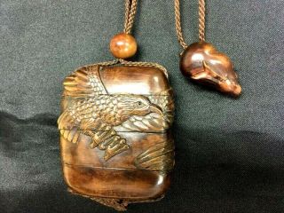 Antique Japanese Inro Netsuke Ojime Wood Brown Pillbox Bird Rabbit