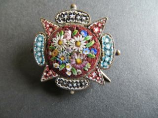 Vintage Micro Mosaic Brooch - Flowers Set In Starwith Coronets Crowns