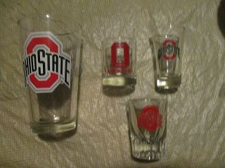 Ncaa - Ohio State Buckeyes Thick Glass Pint Etched Logos & 3 - Shot Glasses 2 - 2ozs.