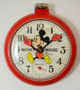 Case Bradley Mickey Mouse Red Plastic Pocket Watch Walt Disney Vintage