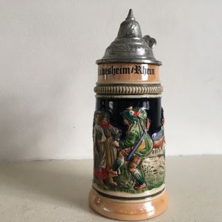 Vintage Egon Bay West German Bier Stein Rudesheim/Rhein Ceramic & Pewter 2