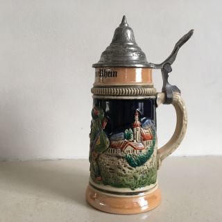 Vintage Egon Bay West German Bier Stein Rudesheim/Rhein Ceramic & Pewter 3