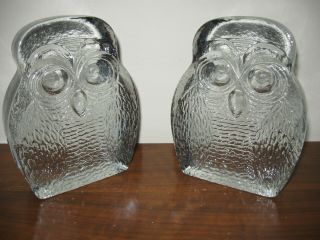 Vintage Blenko Heavy Clear Glass Owl Bookends
