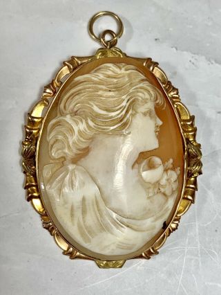Large Antique Shell Cameo Brooch Pendant Necklace 14k Surround 2”