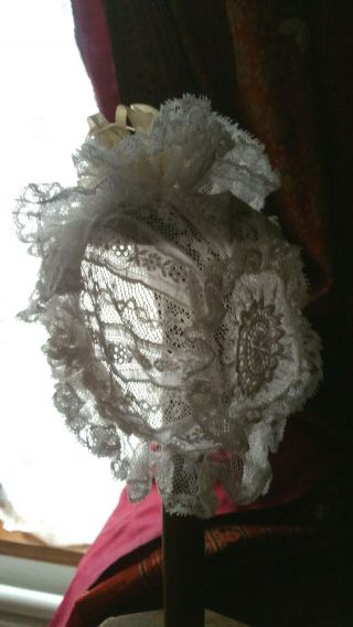 Lovely Antique French Bebe Jumeau Bru Ect.  Lace Silk Ribbon Hat Bonnet