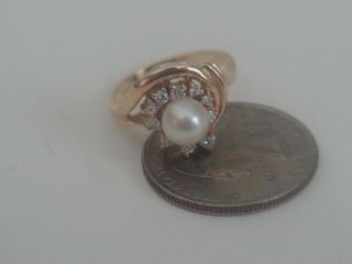 14k Gold Ring 10 Small Diamonds Pearl Vintage Size 6 1/2 Weight 4.  8 Gms N/scrap
