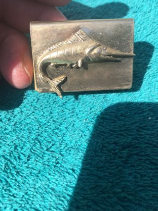 Vintage Sail Fish Metal Matchbox Holder Cover In Gold Tone.  Has Vtg Matches.