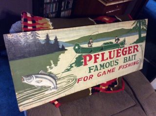 Pflueger Game Fishing Vintage Large Sign - Canoe Fly Lure Bait Folk Art